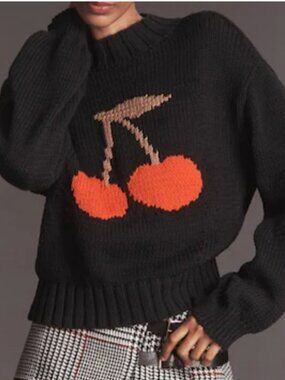 Anthropologie NWT Maeve Cherry Graphic Navy Cotton Blend Crew Sweater size S